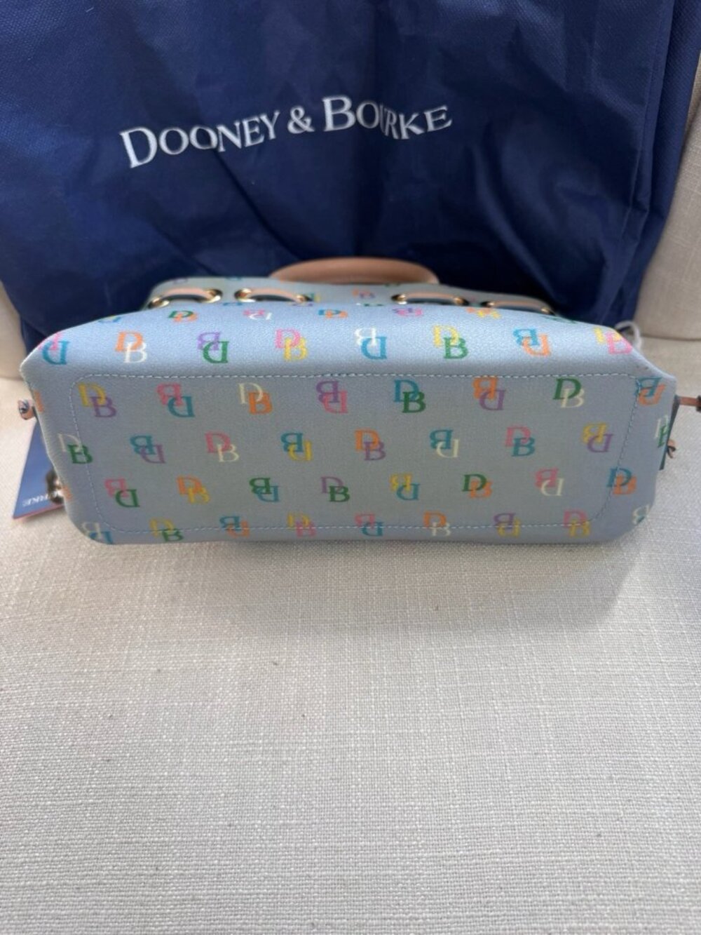 VTG NWT Dooney & Bourke Y2K Blue Rainbow Monogram Satchel Vachetta Leather Trim - Picture 12 of 16